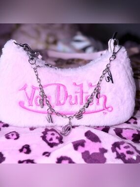 Von Dutch Light Pink Fuzzy Shoulder Bag with Silver Charm Chain